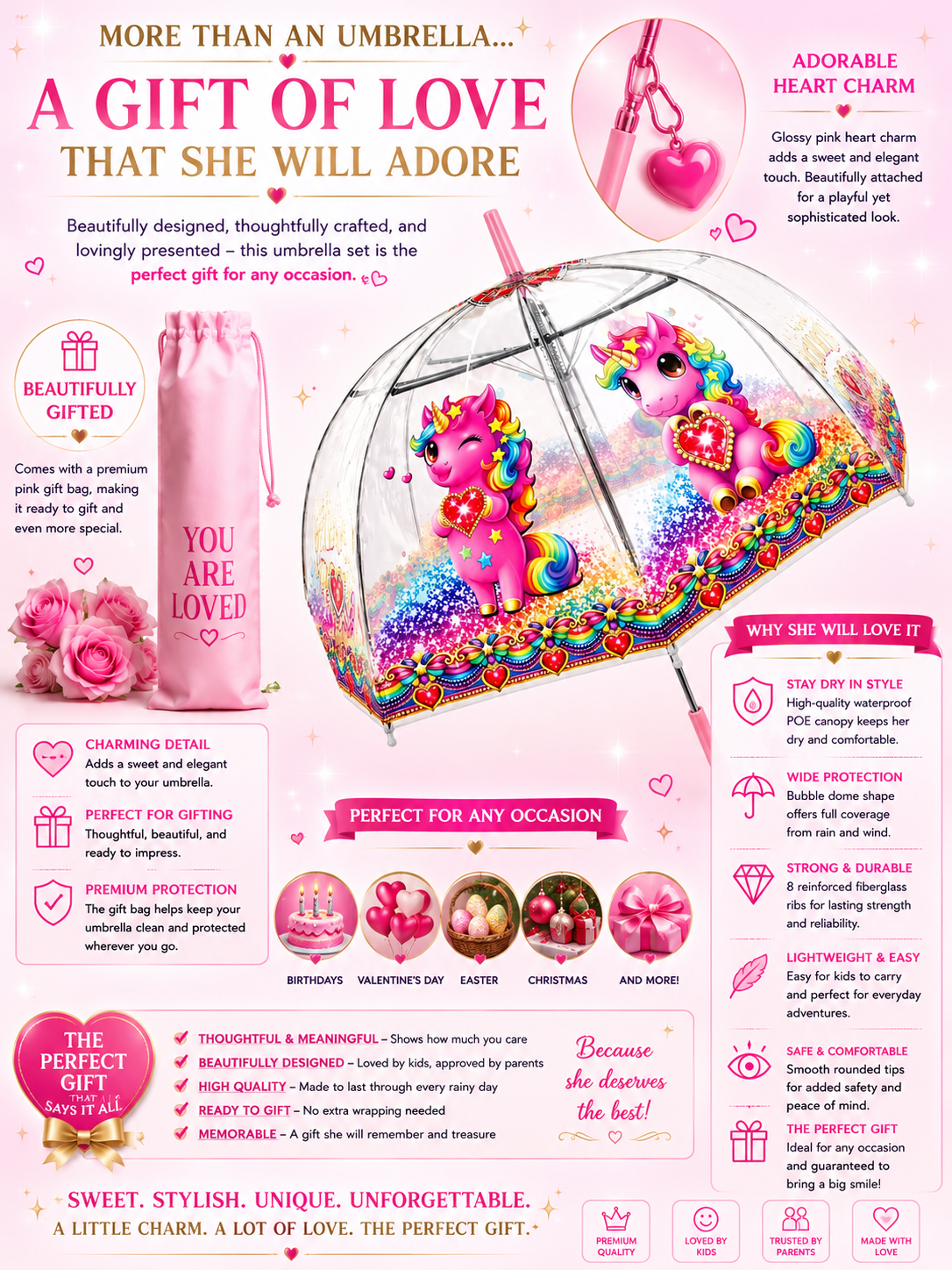 Pink Clear Dome Unicorn Umbrella – Kawaii Bubble Umbrella for Girls, Auto Open, Heart Charm Handle | YOU ARE LOVED Collection
