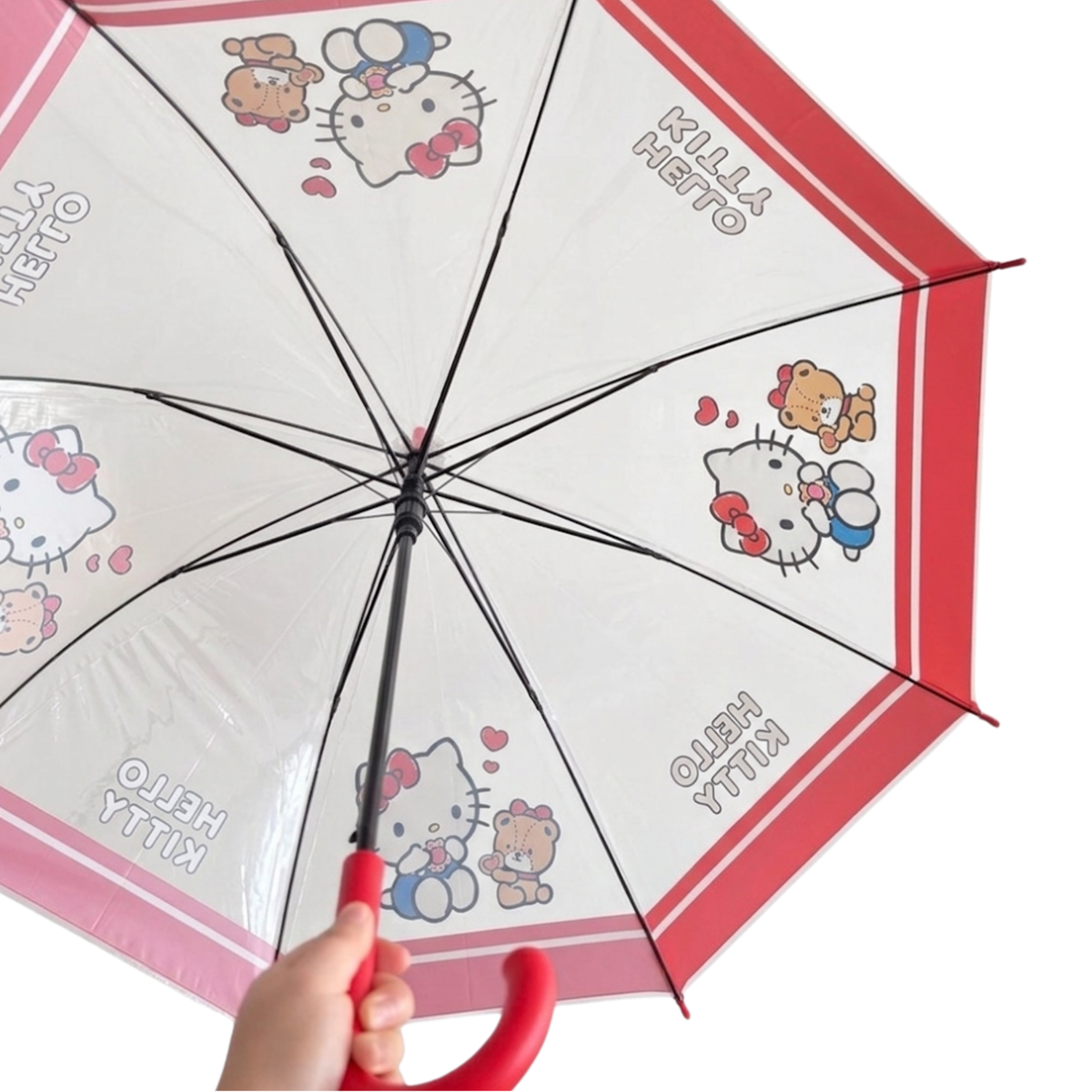 Sanrio Kawaii Cute Hello Kitty Stick Umbrella – Clear Transparent POE Canopy, Auto Open, 8-Rib, Wind Resistant. Pinch-Free Close,