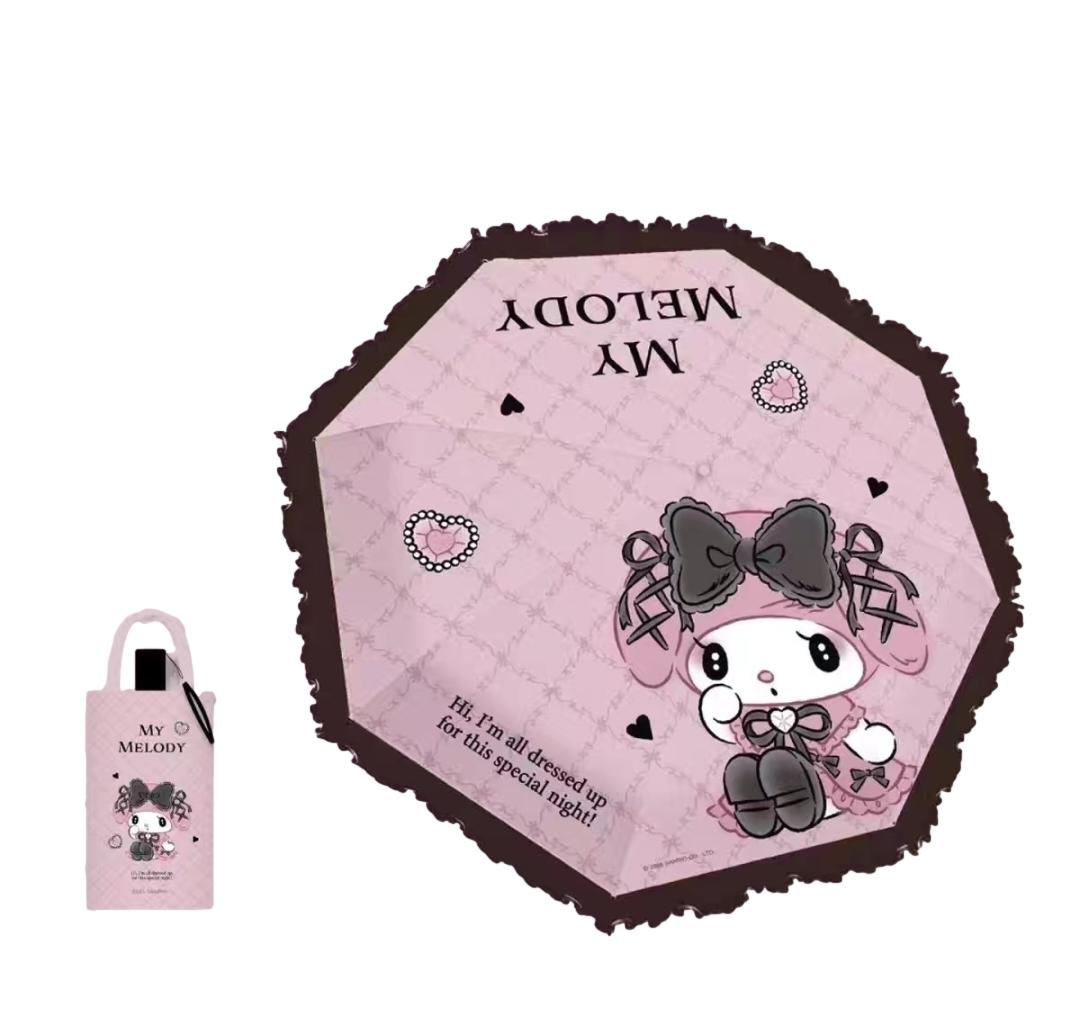 Sanrio My Melody Kawaii  Telescopic Lace Trim – 3 Fold 21” Compact UV Protection Sun & Rain Umbrella 8 Fiberglass Ribs & Pinch-Free Safety Design