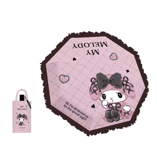 Sanrio My Melody Kawaii  Telescopic Lace Trim – 3 Fold 21” Compact UV Protection Sun & Rain Umbrella 8 Fiberglass Ribs & Pinch-Free Safety Design