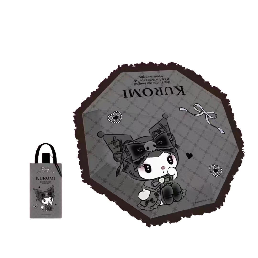 Sanrio Kuromi   Telescopic Lace Trim Manual 3 Fold Travel Compact UV Protection Sun & Rain Umbrella , 8 Fiberglass Ribs & Pinch-Free Safety Design