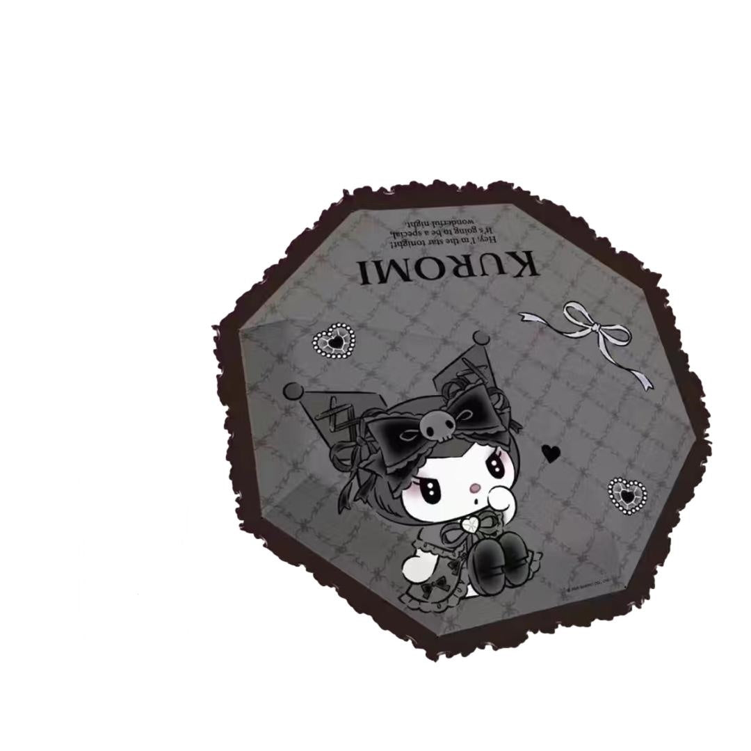 Sanrio Kuromi   Telescopic Lace Trim Manual 3 Fold Travel Compact UV Protection Sun & Rain Umbrella , 8 Fiberglass Ribs & Pinch-Free Safety Design