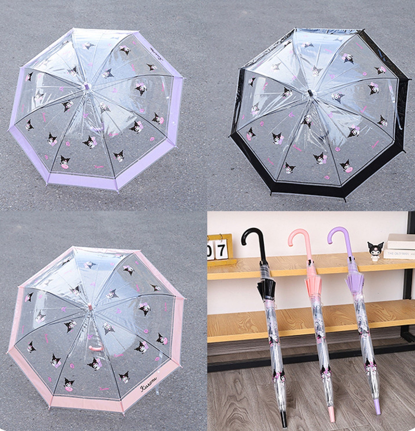 Sanrio Kuromi Kawaii Semi-Auto Transparent Cute Fashionable Dome-Shaped Vinyl Stick Umbrella