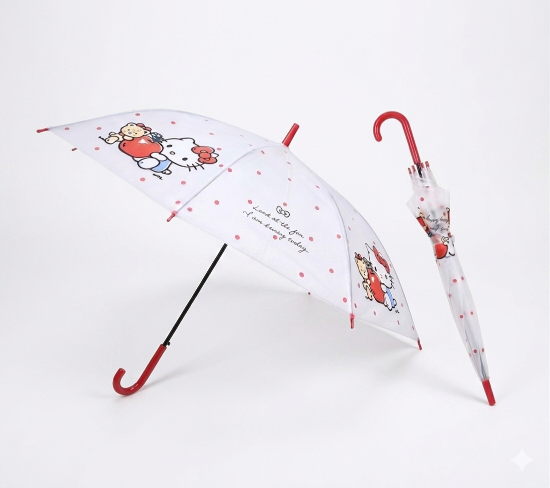 Sanrio Kawaii Cute Hello Kitty Stick Umbrella – Frosted Matte POE Canopy, Auto Open, 8-Rib, Wind Resistant. Pinch-Free Close,