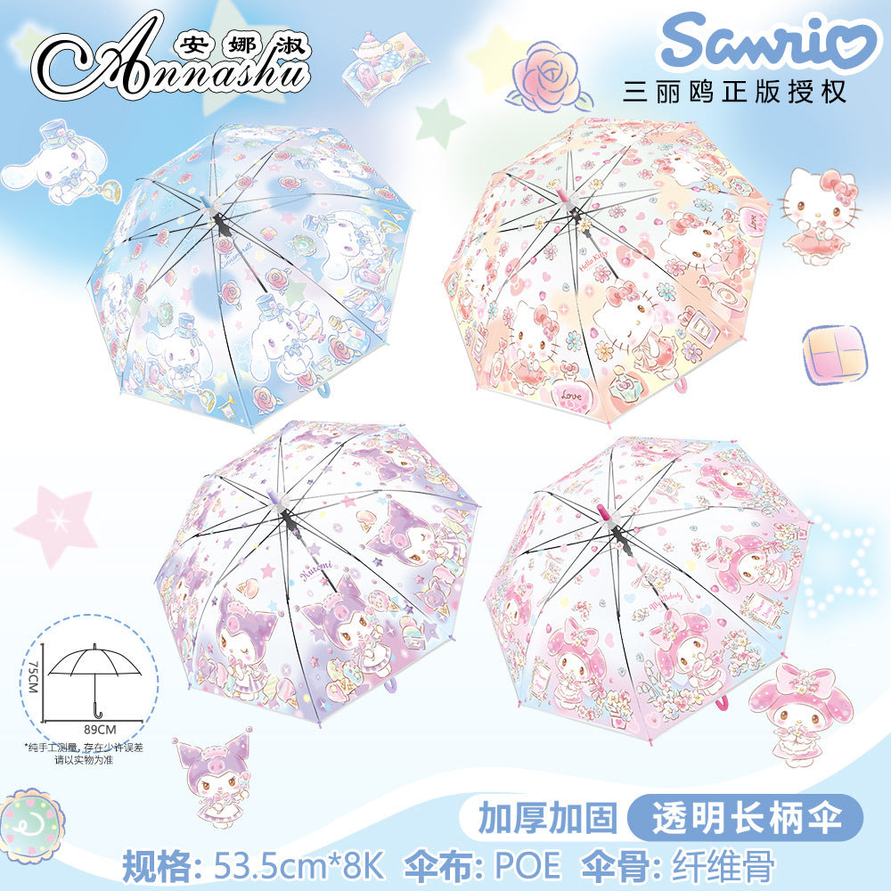 Sanrio Characters Transparent Auto Open 8 Fiberglass Ribs Umbrella For Teens Kids