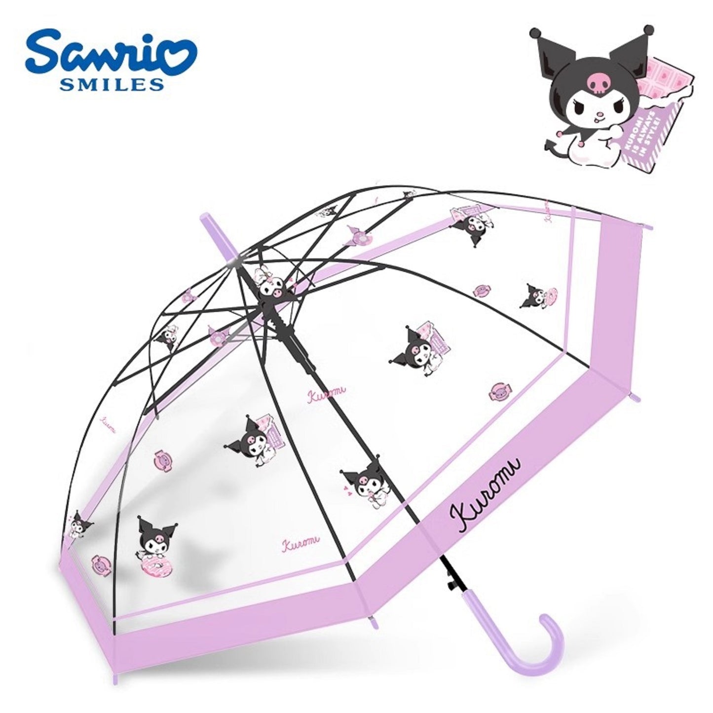 Sanrio Kuromi Kawaii Semi-Auto Transparent Cute Fashionable Dome-Shaped Vinyl Stick Umbrella