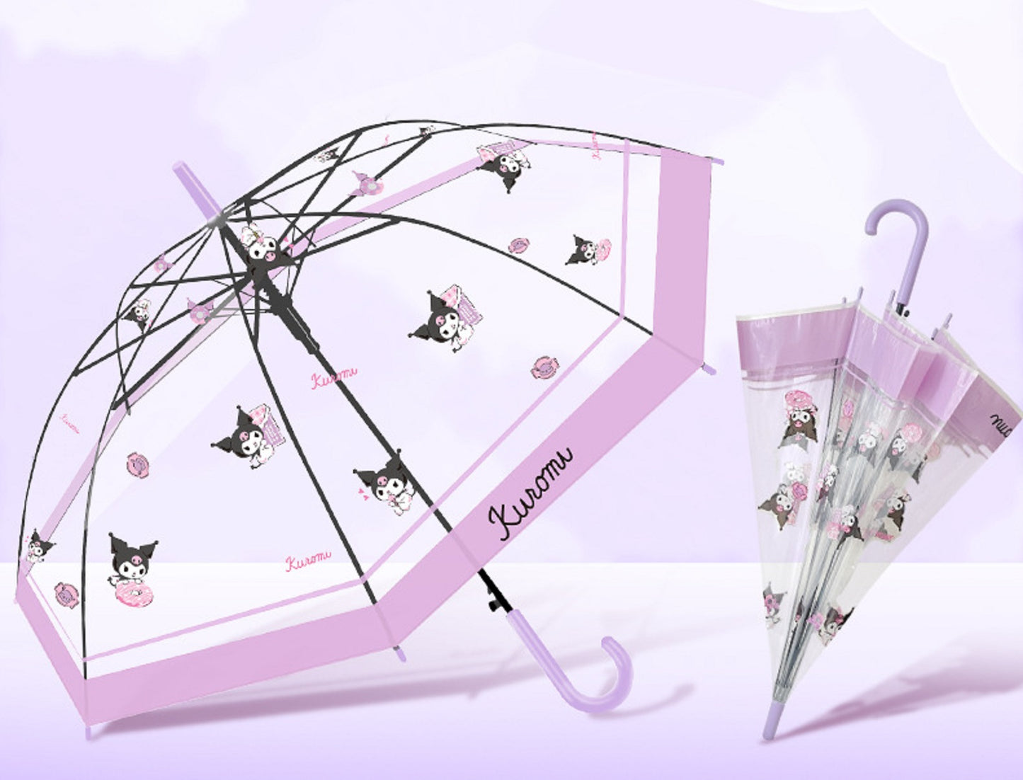 Sanrio Kuromi Kawaii Semi-Auto Transparent Cute Fashionable Dome-Shaped Vinyl Stick Umbrella