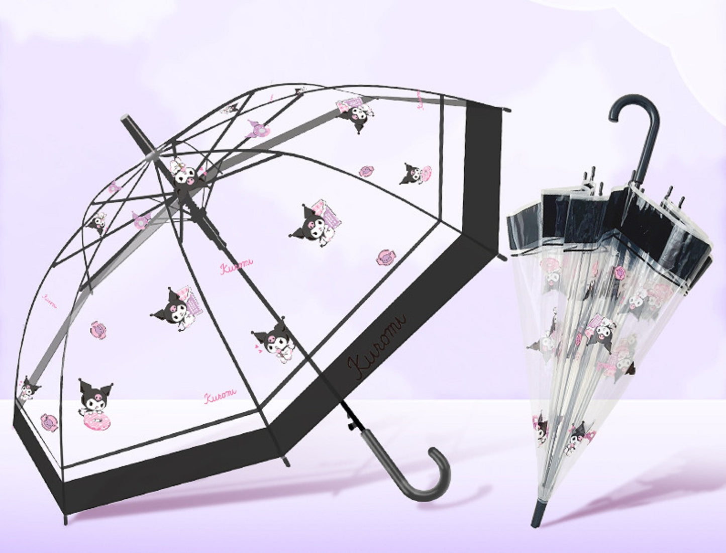 Sanrio Kuromi Kawaii Semi-Auto Transparent Cute Fashionable Dome-Shaped Vinyl Stick Umbrella