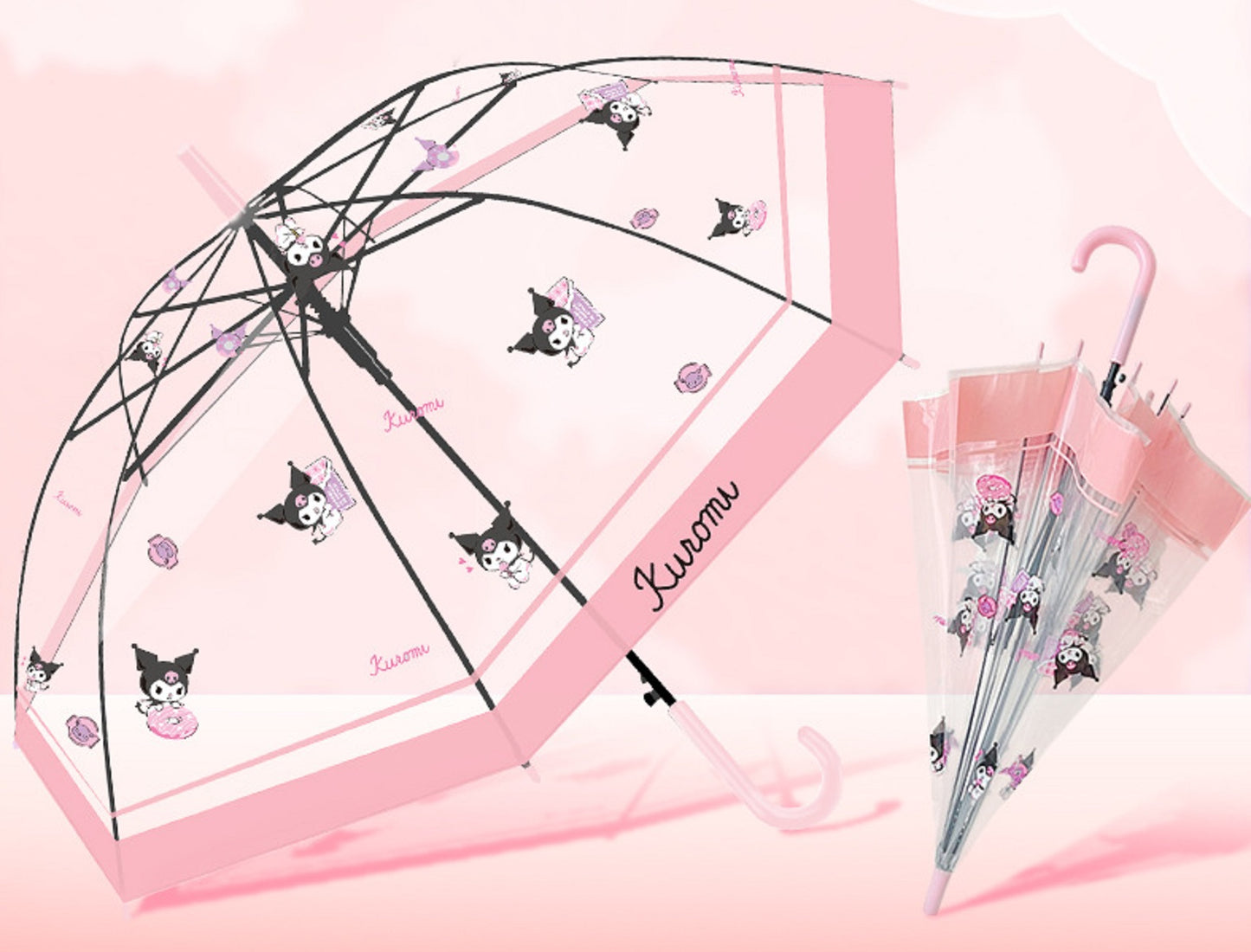 Sanrio Kuromi Kawaii Semi-Auto Transparent Cute Fashionable Dome-Shaped Vinyl Stick Umbrella