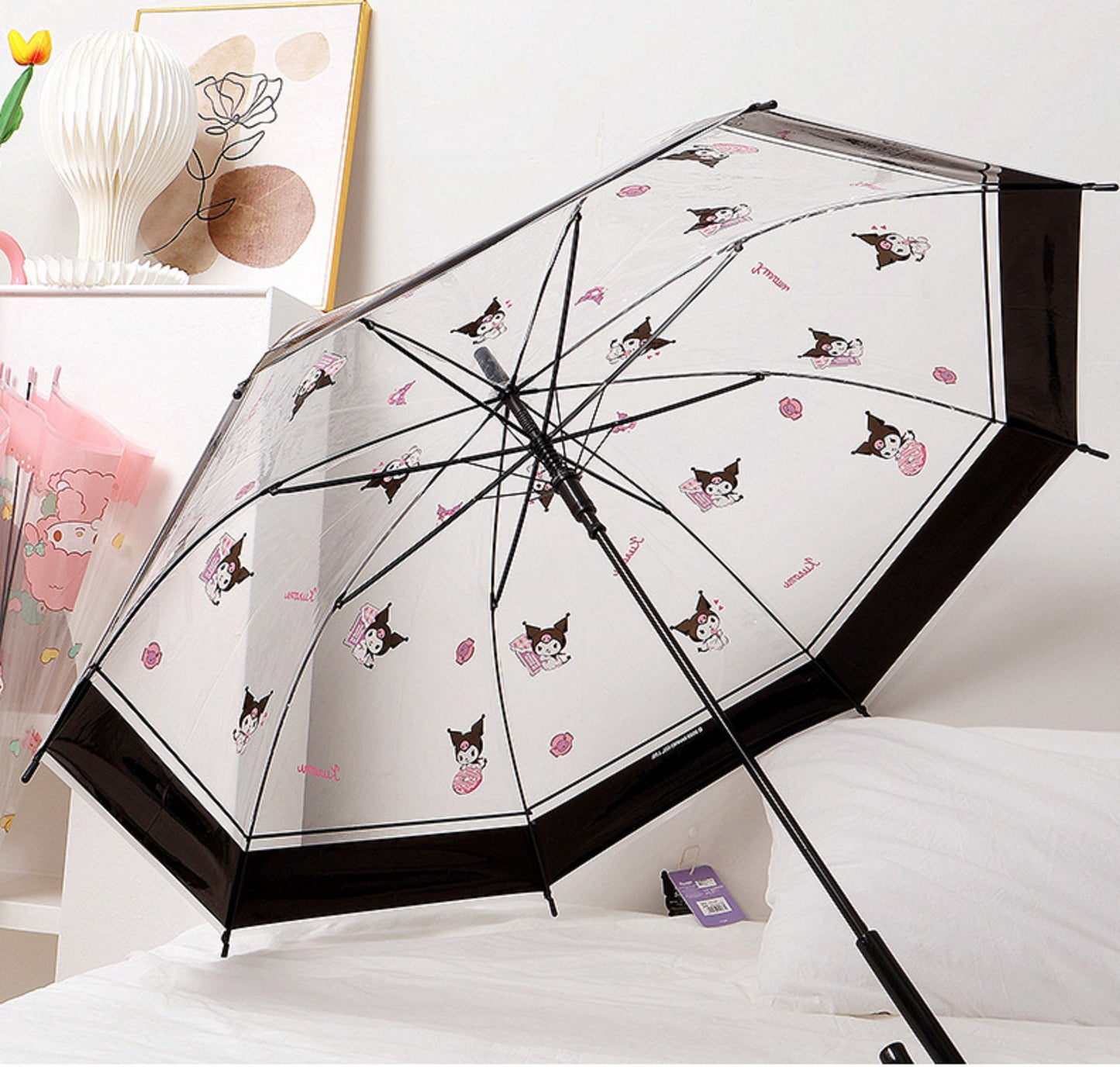 Sanrio Kuromi Kawaii Semi-Auto Transparent Cute Fashionable Dome-Shaped Vinyl Stick Umbrella