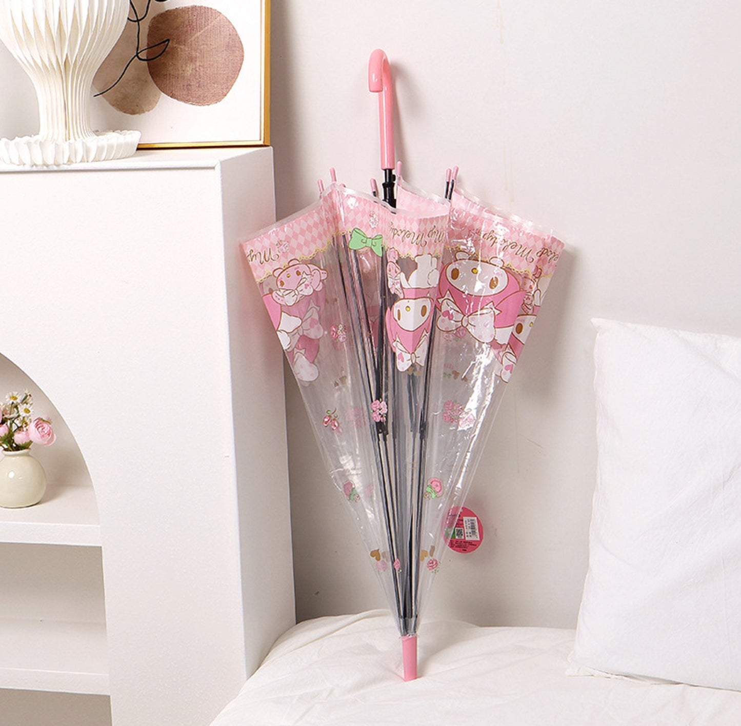 Sanrio My Melody Kawaii Semi-Auto Transparent Cute Fashionable Dome-Shaped Vinyl Stick Umbrella.