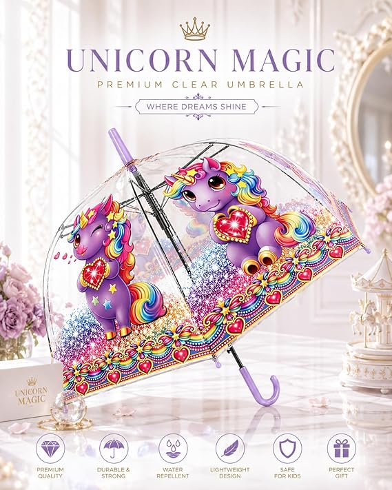 Purple Clear Dome Unicorn Umbrella – Kawaii Bubble Umbrella for Girls & Teens, Auto Open, Heart Charm Handle | YOU ARE LOVED Collection