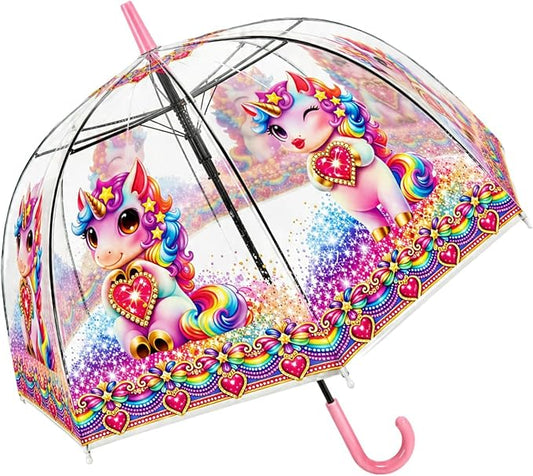 Rainbow Clear Dome Unicorn Umbrella – Kawaii Bubble Umbrella for Kids & Adults, Auto Open, Heart Charm Handle | YOU ARE LOVED Collection