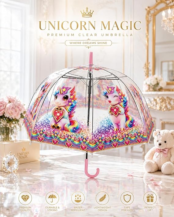Rainbow Clear Dome Unicorn Umbrella – Kawaii Bubble Umbrella for Kids & Adults, Auto Open, Heart Charm Handle | YOU ARE LOVED Collection