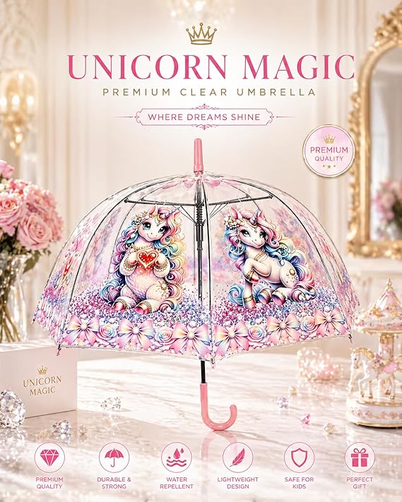 Pastel Clear Dome Unicorn Umbrella – Luxury Kawaii Bubble Umbrella for Women & Girls, Auto Open, Heart Charm Handle | YOU ARE LOVED Collection