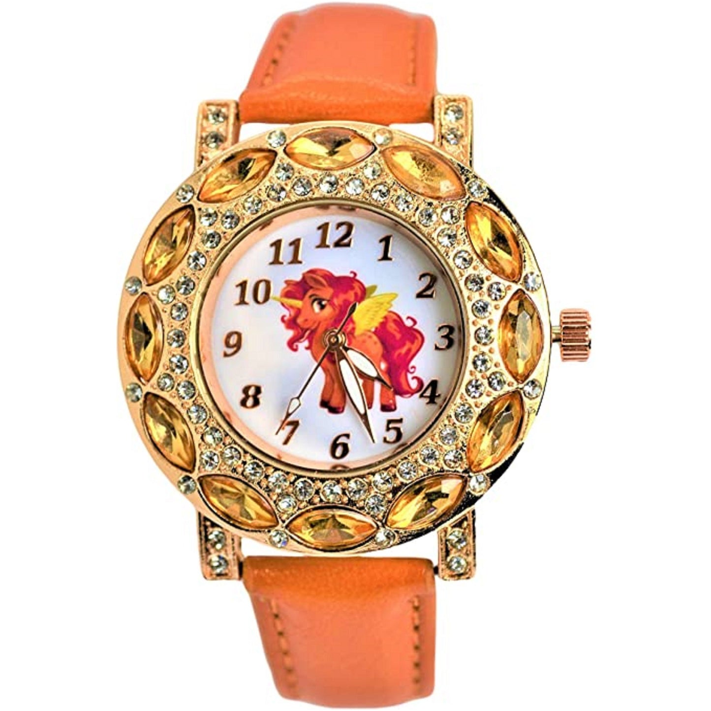 Fire Unicorn Rhinestone-Accented Stones Gold-Tone Analog Quartz Wrist  Watch for Girls. Large Analog Display.