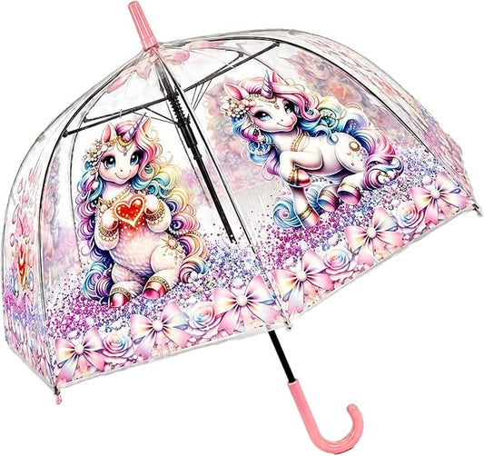Pastel Clear Dome Unicorn Umbrella – Luxury Kawaii Bubble Umbrella for Women & Girls, Auto Open, Heart Charm Handle | YOU ARE LOVED Collection