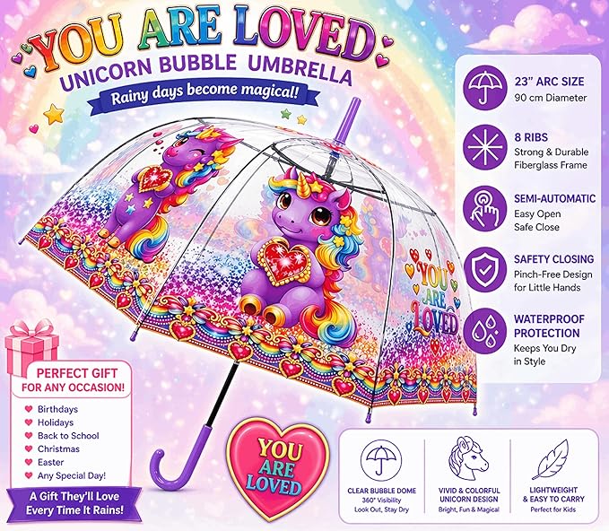 Purple Clear Dome Unicorn Umbrella – Kawaii Bubble Umbrella for Girls & Teens, Auto Open, Heart Charm Handle | YOU ARE LOVED Collection