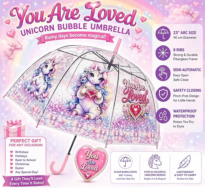 Pastel Clear Dome Unicorn Umbrella – Luxury Kawaii Bubble Umbrella for Women & Girls, Auto Open, Heart Charm Handle | YOU ARE LOVED Collection