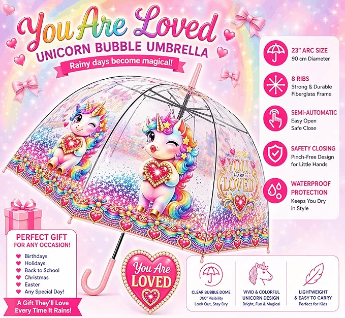 Rainbow Clear Dome Unicorn Umbrella – Kawaii Bubble Umbrella for Kids & Adults, Auto Open, Heart Charm Handle | YOU ARE LOVED Collection