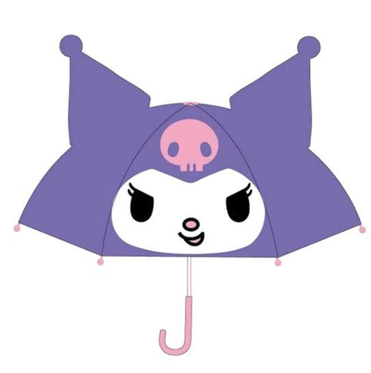 Sanrio Kuromi 8 Ribs Fiberglass Stick Umbrella Pop Up Ears For Kids. 18.5 D.