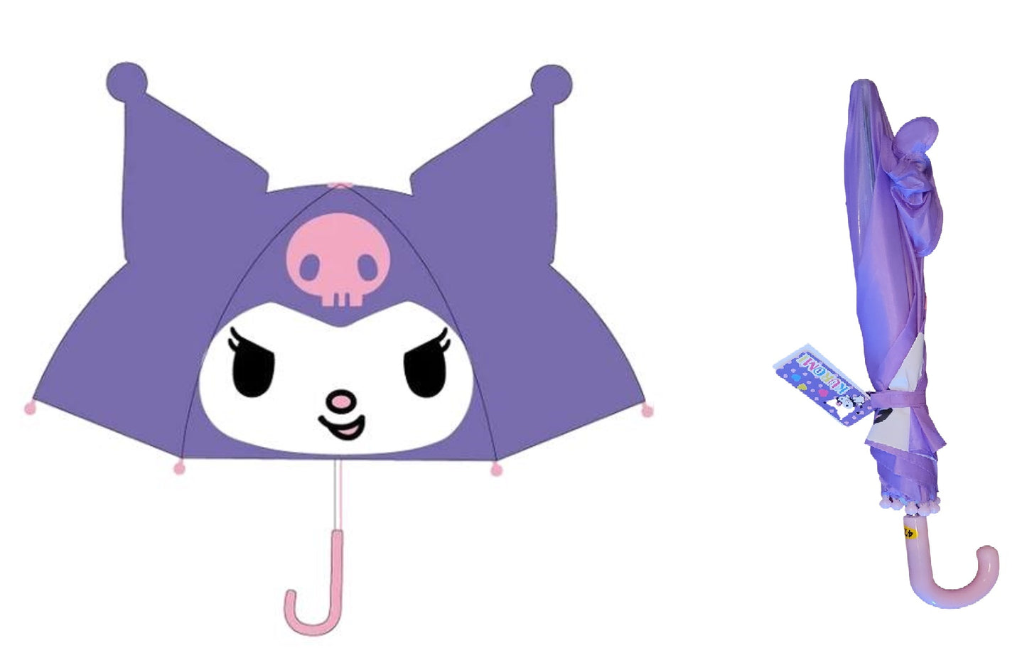 Sanrio Kuromi 8 Ribs Fiberglass Stick Umbrella Pop Up Ears For Kids. 18.5 D.