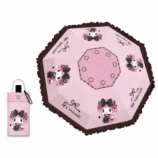 Sanrio My Melody Telescopic Lace Trim – 3 Fold Travel Compact UV Protection Sun & Rain Umbrella , 8 Fiberglass Ribs & Pinch-Free Safety Design