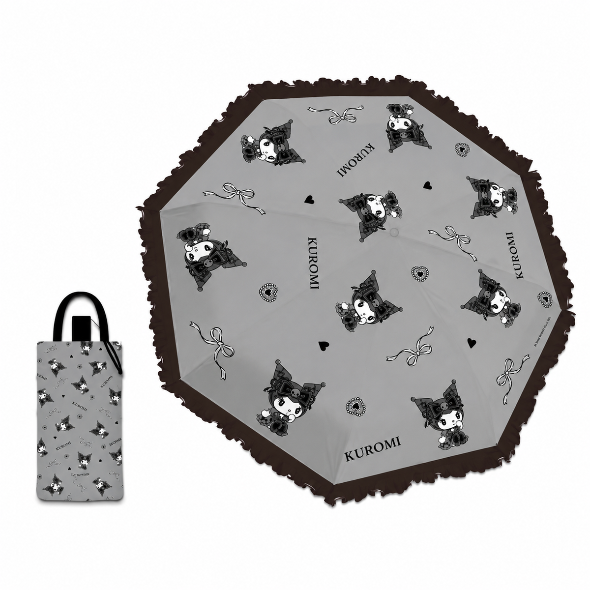 Sanrio Kuromi   Telescopic Lace Trim – 3 Fold Travel Compact UV Protection Sun & Rain Umbrella , 8 Fiberglass Ribs & Pinch-Free Safety Design