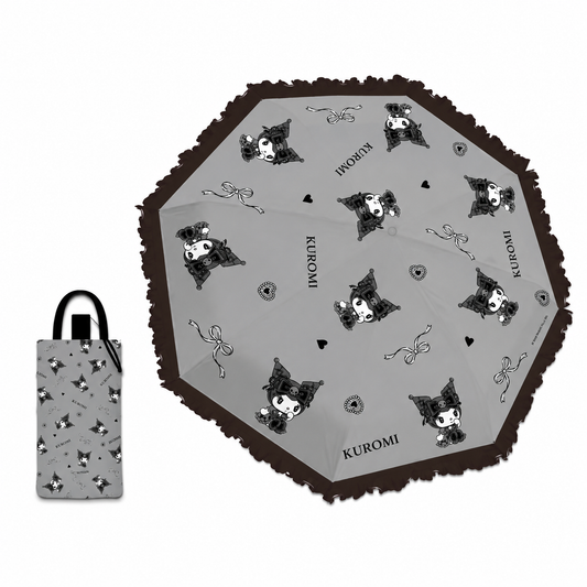 Sanrio Kuromi   Telescopic Lace Trim – 3 Fold Travel Compact UV Protection Sun & Rain Umbrella , 8 Fiberglass Ribs & Pinch-Free Safety Design