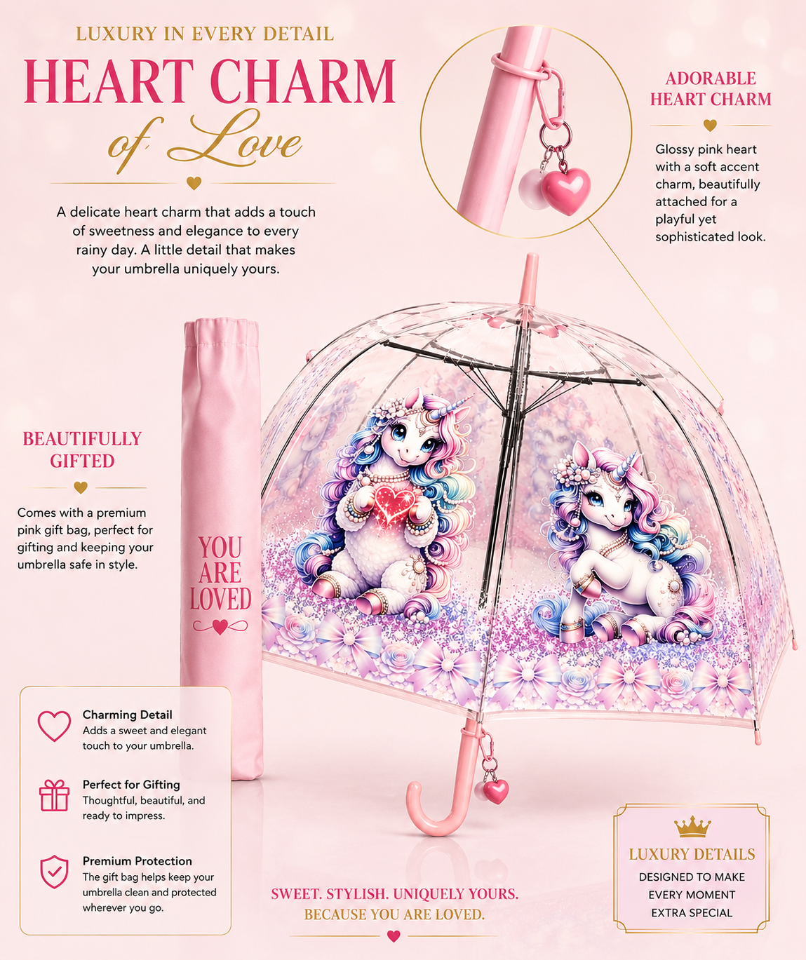 Pastel Clear Dome Unicorn Umbrella – Luxury Kawaii Bubble Umbrella for Women & Girls, Auto Open, Heart Charm Handle | YOU ARE LOVED Collection