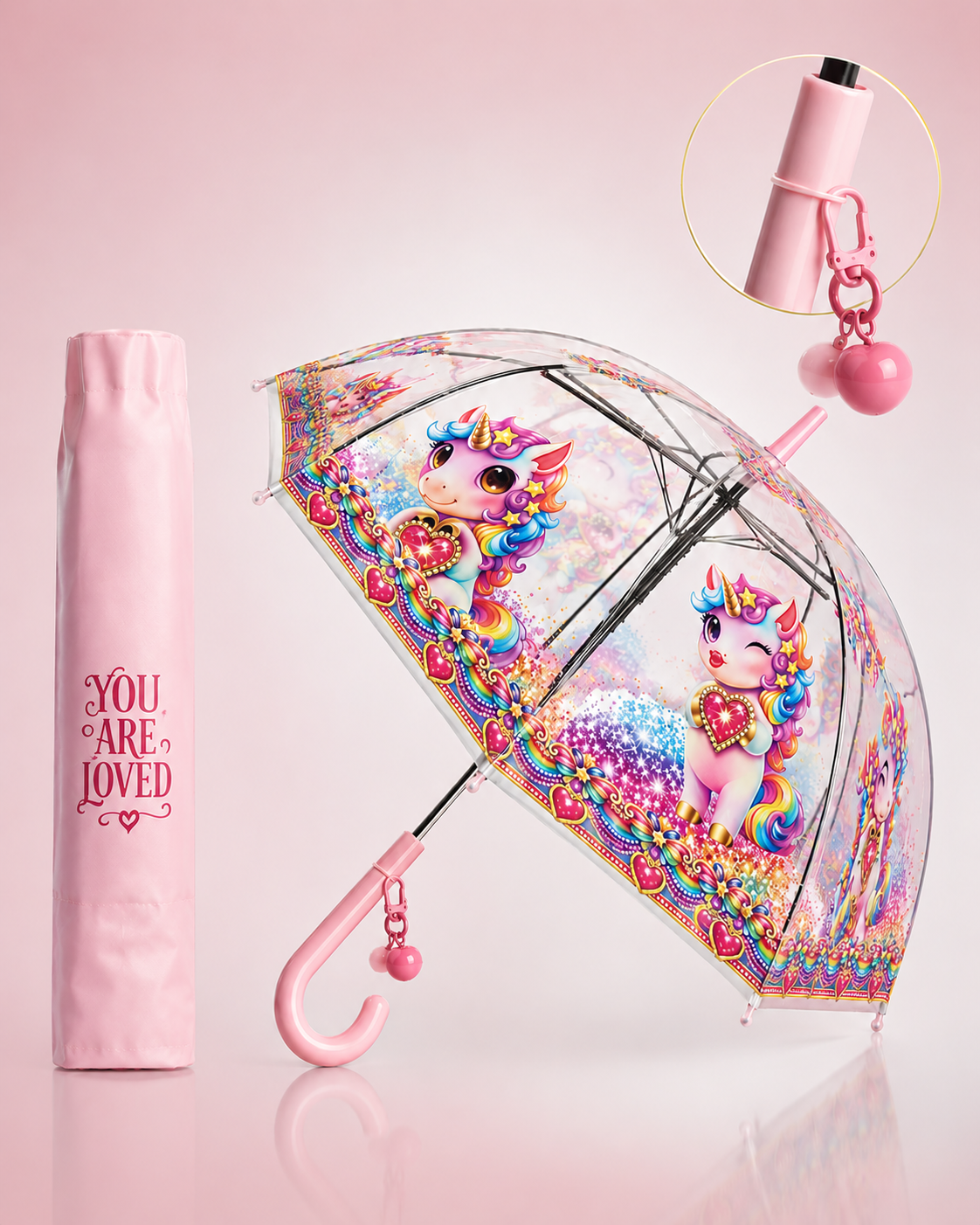 Rainbow Clear Dome Unicorn Umbrella – Kawaii Bubble Umbrella for Kids & Adults, Auto Open, Heart Charm Handle | YOU ARE LOVED Collection
