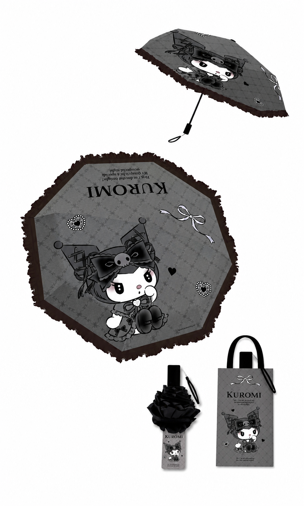 Sanrio Kuromi   Telescopic Lace Trim Manual 3 Fold Travel Compact UV Protection Sun & Rain Umbrella , 8 Fiberglass Ribs & Pinch-Free Safety Design