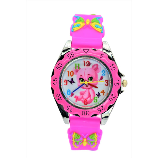 Kids Cute Pink Bear 3D Kids  Cute Butterfly Band Wrist Watch Time Teacher