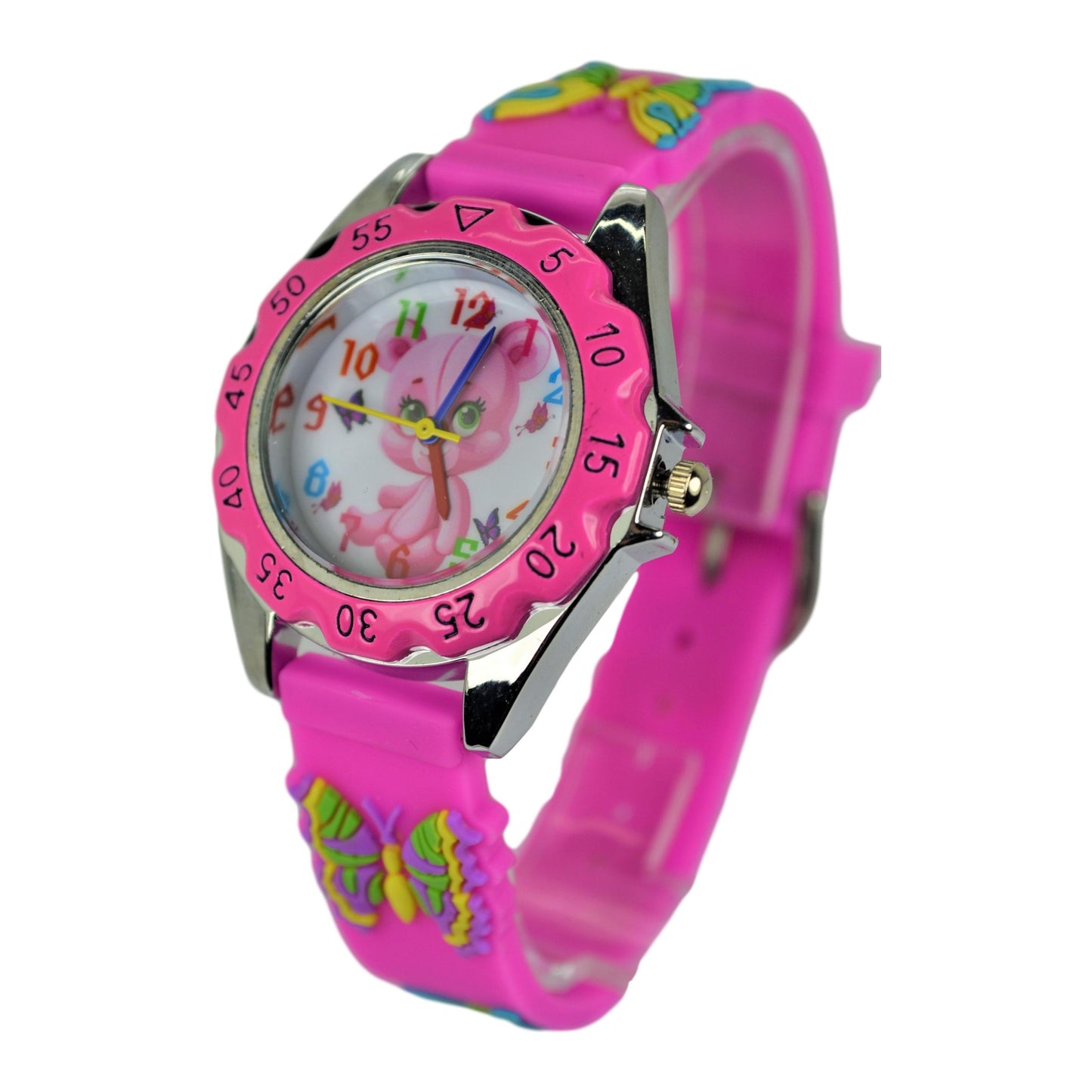 Kids Cute Pink Bear 3D Kids  Cute Butterfly Band Wrist Watch Time Teacher