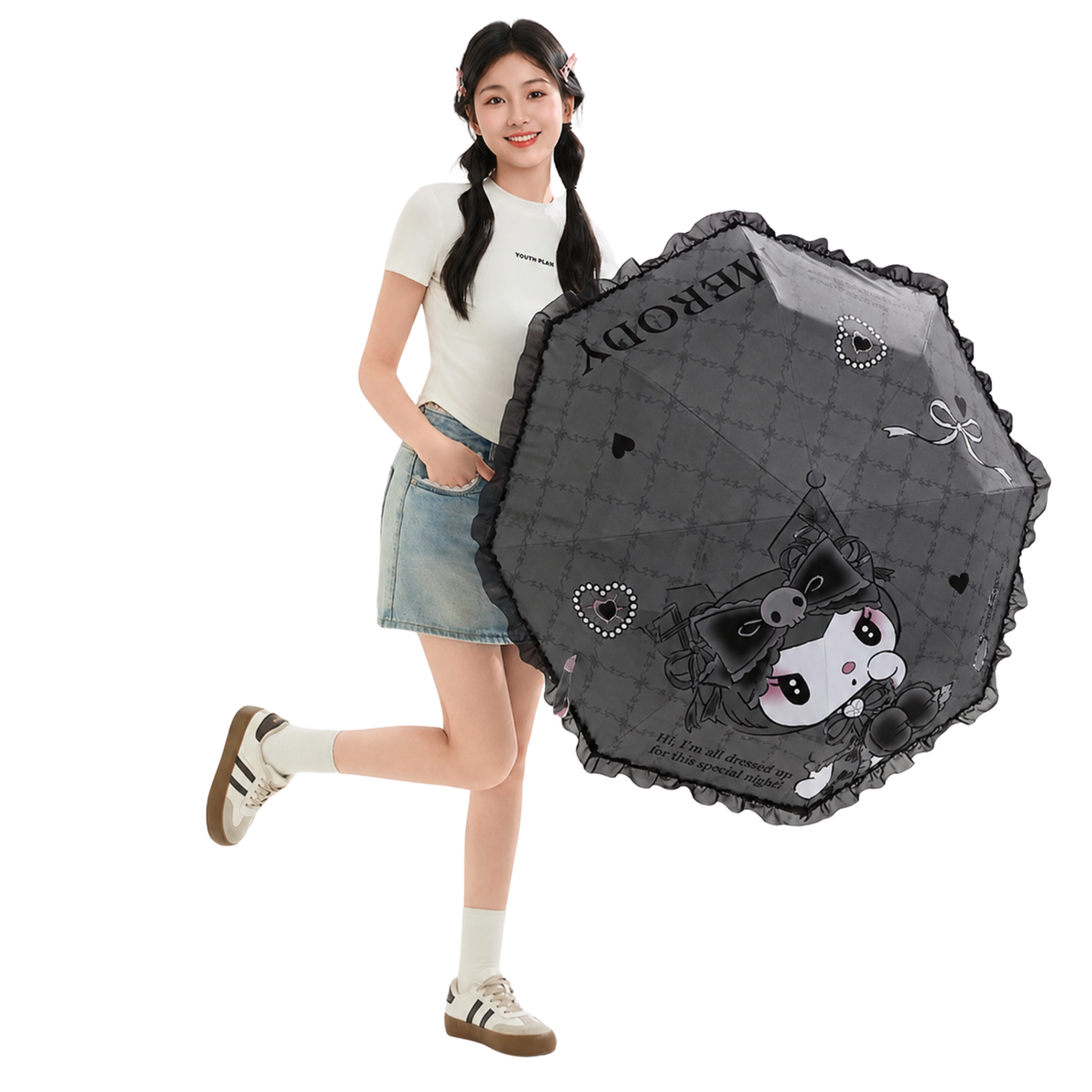 Sanrio Kuromi   Telescopic Lace Trim Manual 3 Fold Travel Compact UV Protection Sun & Rain Umbrella , 8 Fiberglass Ribs & Pinch-Free Safety Design