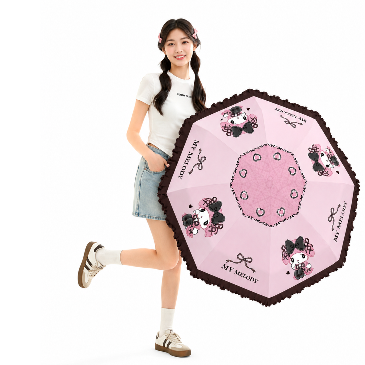 Sanrio My Melody Telescopic Lace Trim – 3 Fold Travel Compact UV Protection Sun & Rain Umbrella , 8 Fiberglass Ribs & Pinch-Free Safety Design