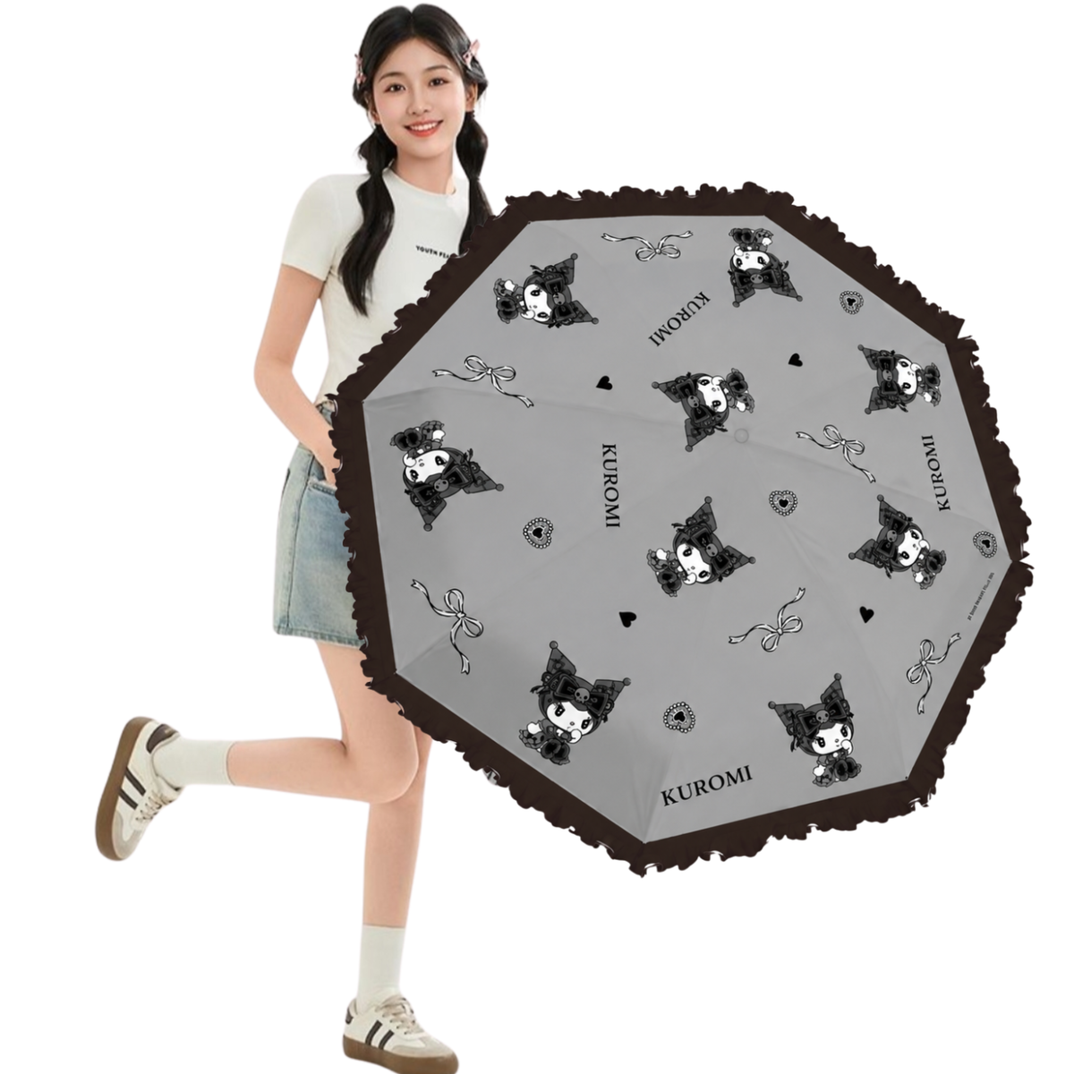 Sanrio Kuromi   Telescopic Lace Trim – 3 Fold Travel Compact UV Protection Sun & Rain Umbrella , 8 Fiberglass Ribs & Pinch-Free Safety Design