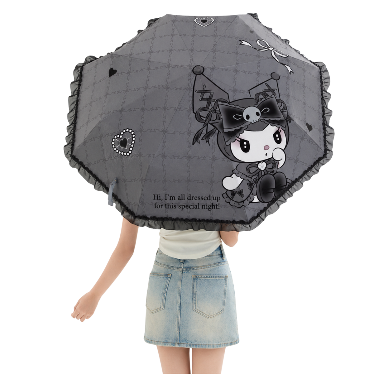 Sanrio Kuromi   Telescopic Lace Trim Manual 3 Fold Travel Compact UV Protection Sun & Rain Umbrella , 8 Fiberglass Ribs & Pinch-Free Safety Design