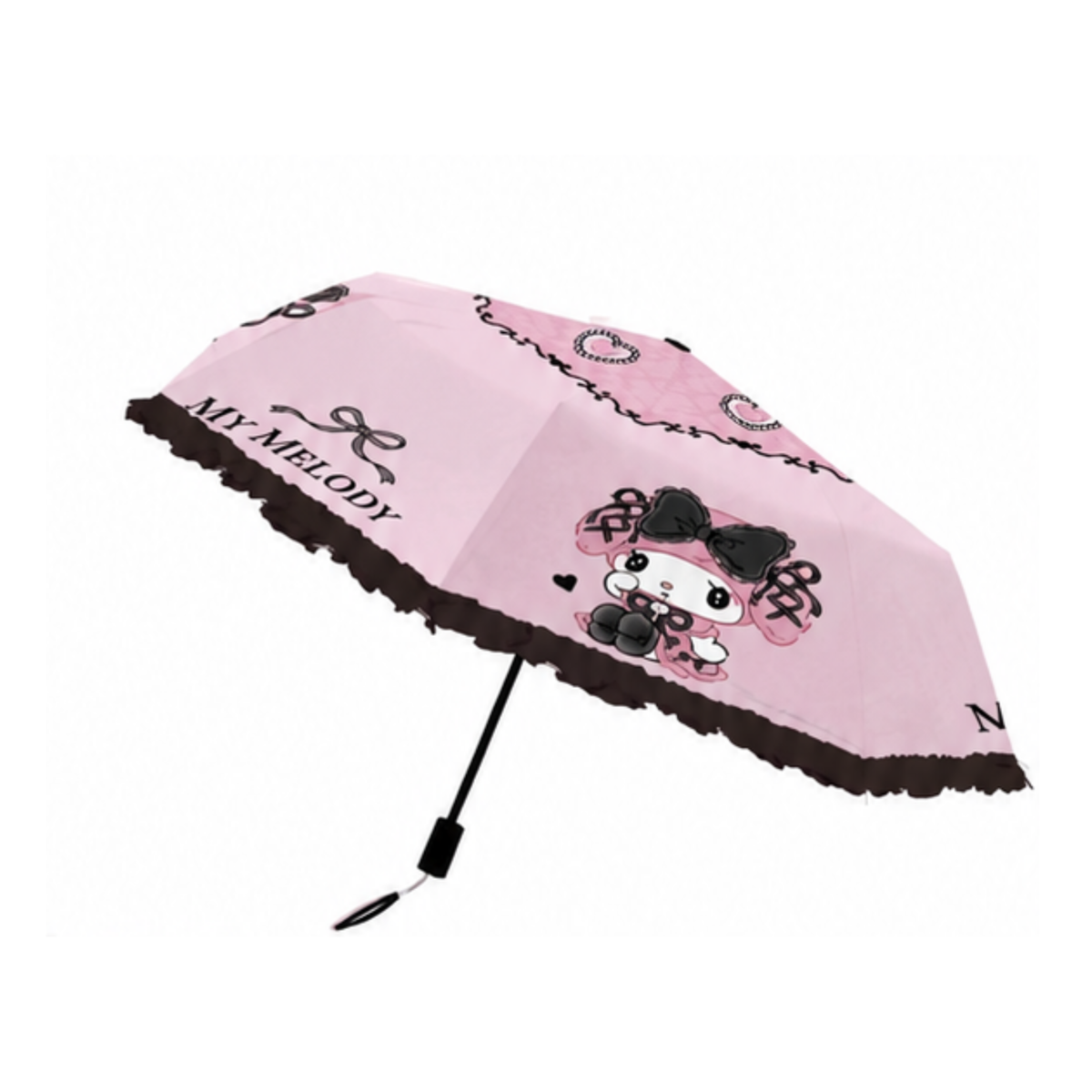 Sanrio My Melody Telescopic Lace Trim – 3 Fold Travel Compact UV Protection Sun & Rain Umbrella , 8 Fiberglass Ribs & Pinch-Free Safety Design