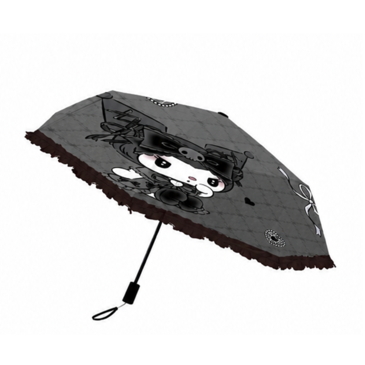 Sanrio Kuromi   Telescopic Lace Trim Manual 3 Fold Travel Compact UV Protection Sun & Rain Umbrella , 8 Fiberglass Ribs & Pinch-Free Safety Design
