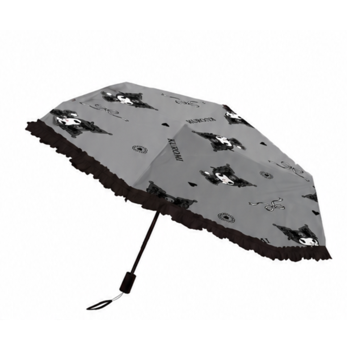 Sanrio Kuromi   Telescopic Lace Trim – 3 Fold Travel Compact UV Protection Sun & Rain Umbrella , 8 Fiberglass Ribs & Pinch-Free Safety Design