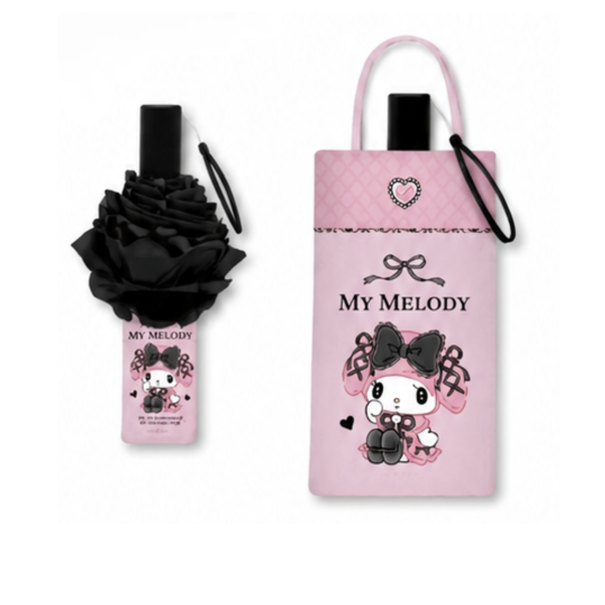 Sanrio My Melody Kawaii  Telescopic Lace Trim – 3 Fold 21” Compact UV Protection Sun & Rain Umbrella 8 Fiberglass Ribs & Pinch-Free Safety Design