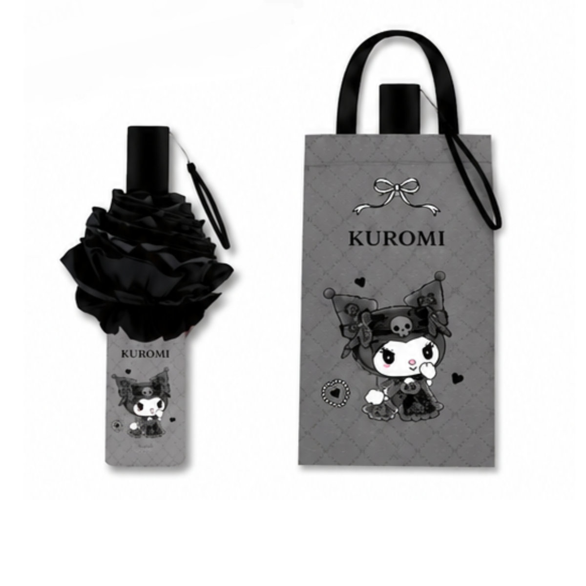 Sanrio Kuromi   Telescopic Lace Trim Manual 3 Fold Travel Compact UV Protection Sun & Rain Umbrella , 8 Fiberglass Ribs & Pinch-Free Safety Design