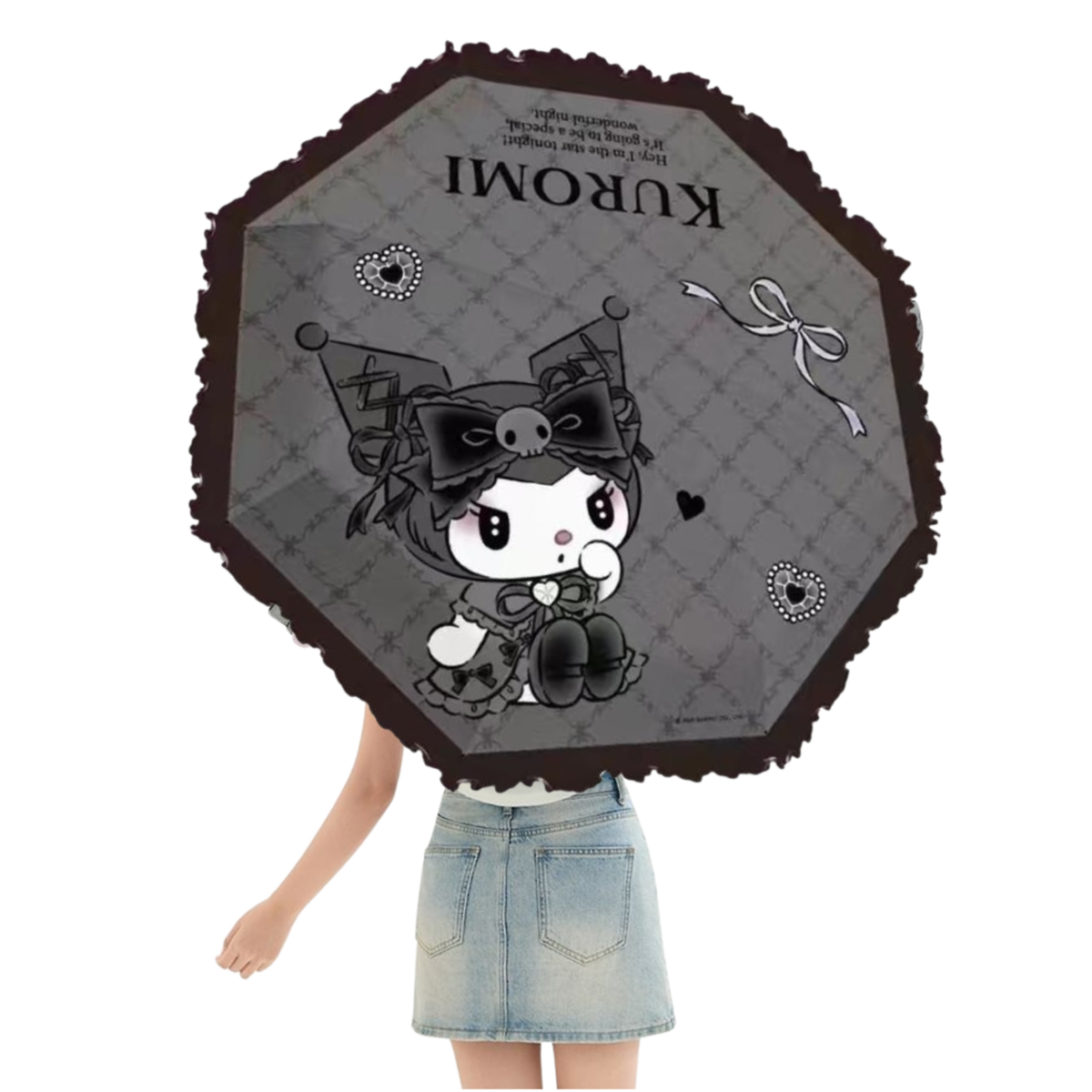 Sanrio Kuromi   Telescopic Lace Trim Manual 3 Fold Travel Compact UV Protection Sun & Rain Umbrella , 8 Fiberglass Ribs & Pinch-Free Safety Design
