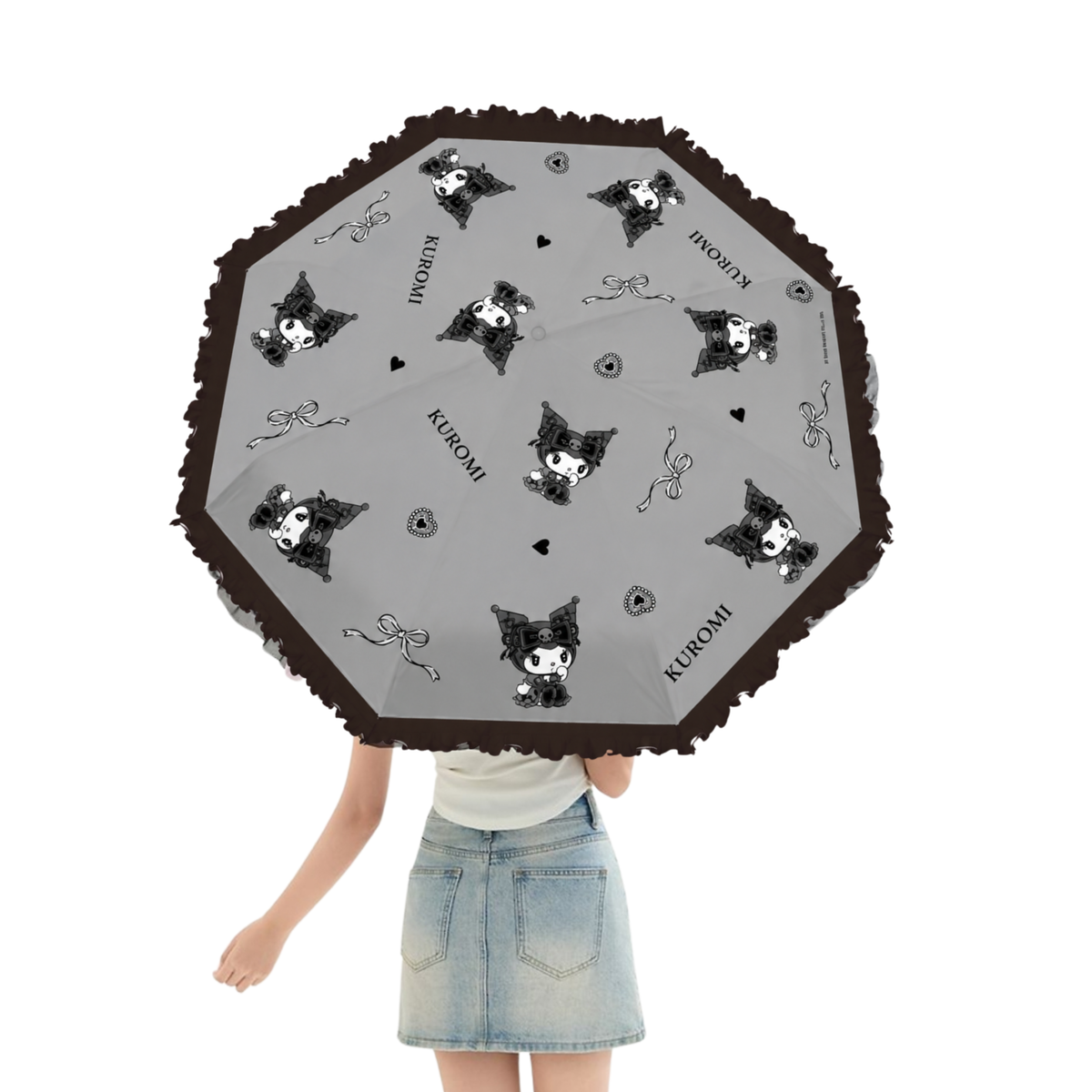 Sanrio Kuromi   Telescopic Lace Trim – 3 Fold Travel Compact UV Protection Sun & Rain Umbrella , 8 Fiberglass Ribs & Pinch-Free Safety Design