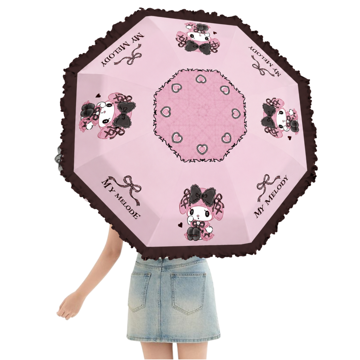 Sanrio My Melody Telescopic Lace Trim – 3 Fold Travel Compact UV Protection Sun & Rain Umbrella , 8 Fiberglass Ribs & Pinch-Free Safety Design