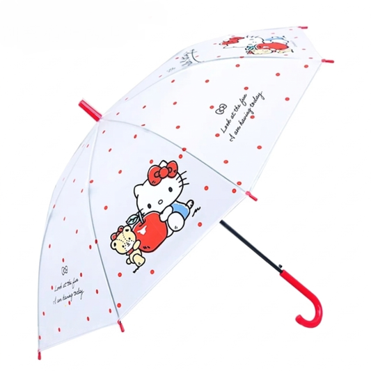 Sanrio Kawaii Cute Hello Kitty Stick Umbrella – Frosted Matte POE Canopy, Auto Open, 8-Rib, Wind Resistant. Pinch-Free Close,