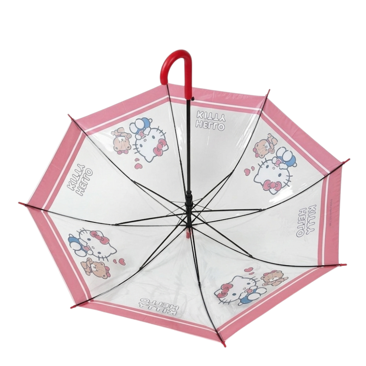 Sanrio Kawaii Cute Hello Kitty Stick Umbrella – Clear Transparent POE Canopy, Auto Open, 8-Rib, Wind Resistant. Pinch-Free Close,
