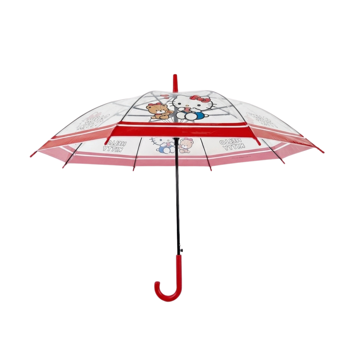 Sanrio Kawaii Cute Hello Kitty Stick Umbrella – Clear Transparent POE Canopy, Auto Open, 8-Rib, Wind Resistant. Pinch-Free Close,