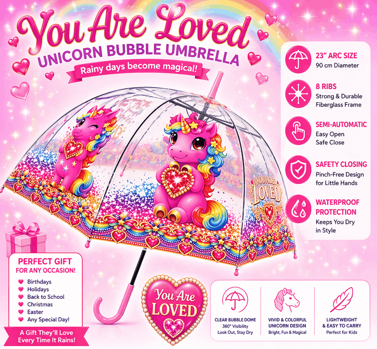 Pink Clear Dome Unicorn Umbrella – Kawaii Bubble Umbrella for Girls, Auto Open, Heart Charm Handle | YOU ARE LOVED Collection
